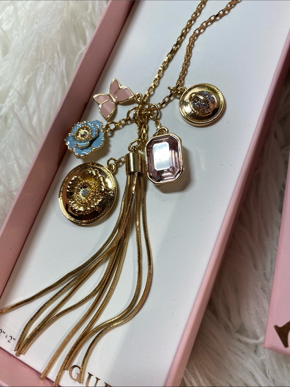 Guess Amethyst Gold Charm Tassel Necklace with Pink, Blue and Gold NIB